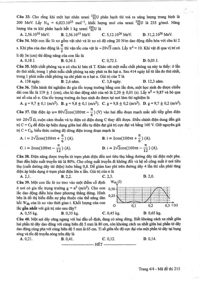 Đề và đáp án môn Vật lí mã đề 215 thi THPT quốc gia năm 2017 - đáp án của bộ GD-ĐT