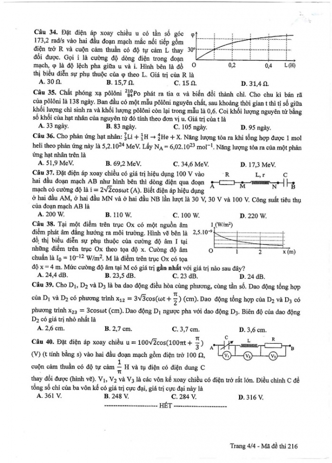 Đề và đáp án môn Vật lí mã đề 216 thi THPT quốc gia năm 2017 - đáp án của bộ GD-ĐT