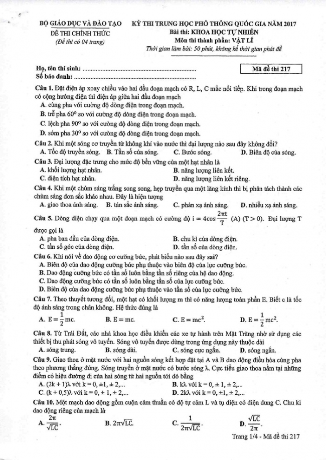 Đề và đáp án môn Vật lí mã đề 217 thi THPT quốc gia năm 2017 - đáp án của bộ GD-ĐT