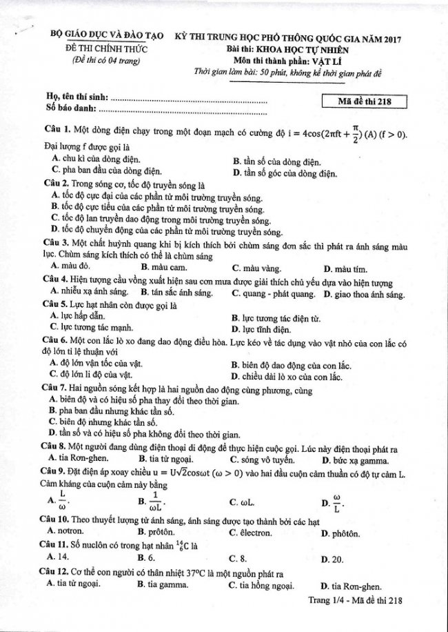 Đề và đáp án môn Vật lí mã đề 218 thi THPT quốc gia năm 2017 - đáp án của bộ GD-ĐT
