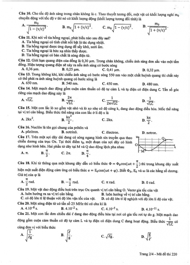 Đề và đáp án môn Vật lí mã đề 220 thi THPT quốc gia năm 2017 - đáp án của bộ GD-ĐT