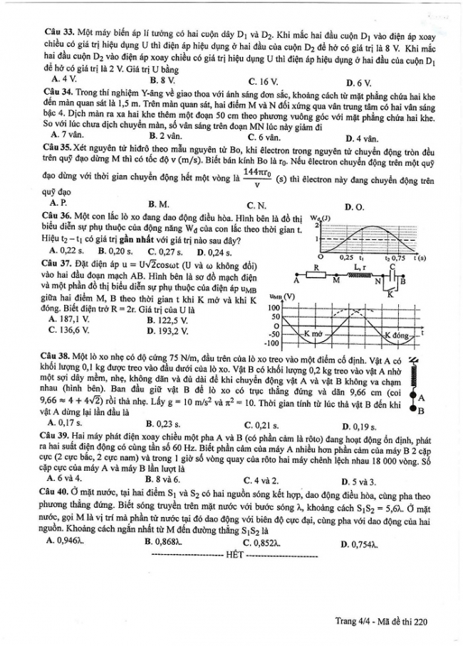 Đề và đáp án môn Vật lí mã đề 220 thi THPT quốc gia năm 2017 - đáp án của bộ GD-ĐT