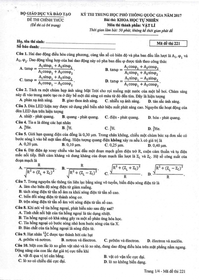Đề và đáp án môn Vật lí mã đề 221 thi THPT quốc gia năm 2017 - đáp án của bộ GD-ĐT