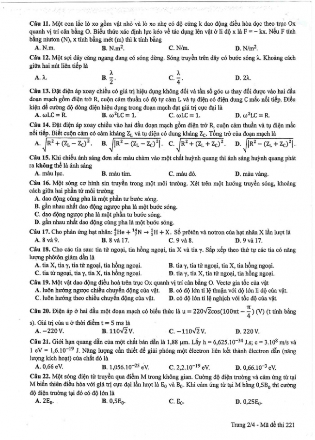 Đề và đáp án môn Vật lí mã đề 221 thi THPT quốc gia năm 2017 - đáp án của bộ GD-ĐT