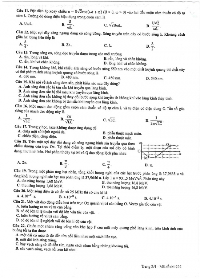 Đề và đáp án môn Vật lí mã đề 222 thi THPT quốc gia năm 2017 - đáp án của bộ GD-ĐT
