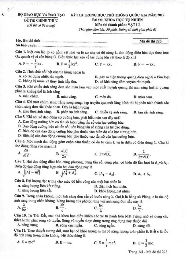 Đề và đáp án môn Vật lí mã đề 223 thi THPT quốc gia năm 2017 - đáp án của bộ GD-ĐT