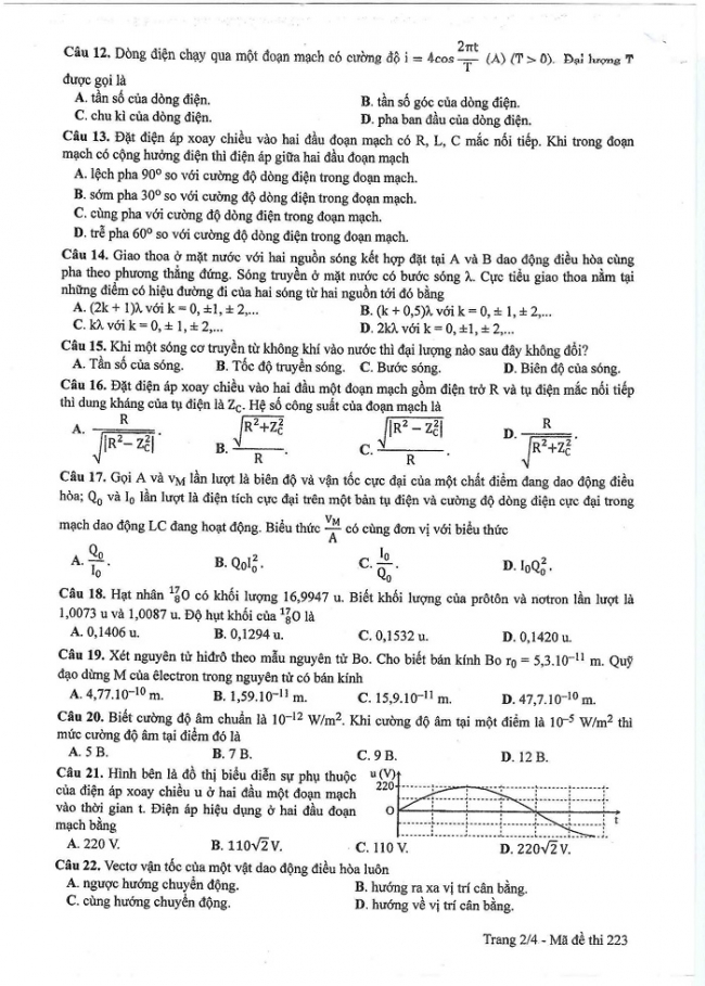 Đề và đáp án môn Vật lí mã đề 223 thi THPT quốc gia năm 2017 - đáp án của bộ GD-ĐT