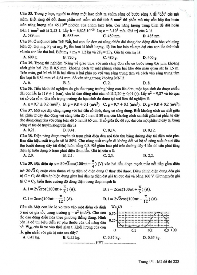 Đề và đáp án môn Vật lí mã đề 223 thi THPT quốc gia năm 2017 - đáp án của bộ GD-ĐT