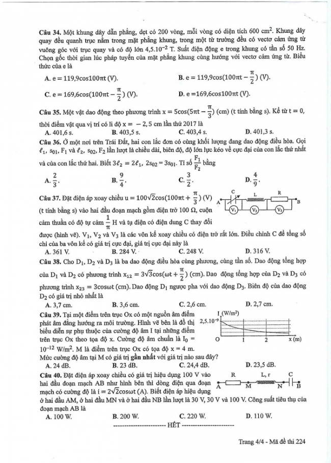 Đề và đáp án môn Vật lí mã đề 224 thi THPT quốc gia năm 2017 - đáp án của bộ GD-ĐT