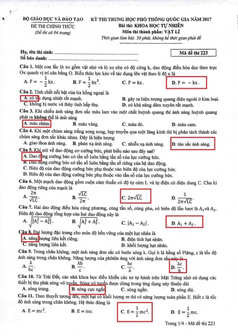 Đề và đáp án môn Vật lý mã đề 223 kỳ thi THPT quốc gia 2017