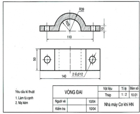 Sưu tầm một bản vẽ kĩ thuật và cho biết khổ giấy, tỉ lệ của bản vẽ. Đọc kích thước ghi trên bản vẽ đó.