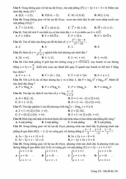 Đề và đáp án môn Toán mã đề 101 thi THPT quốc gia năm 2017 - đáp án của bộ GD-ĐT