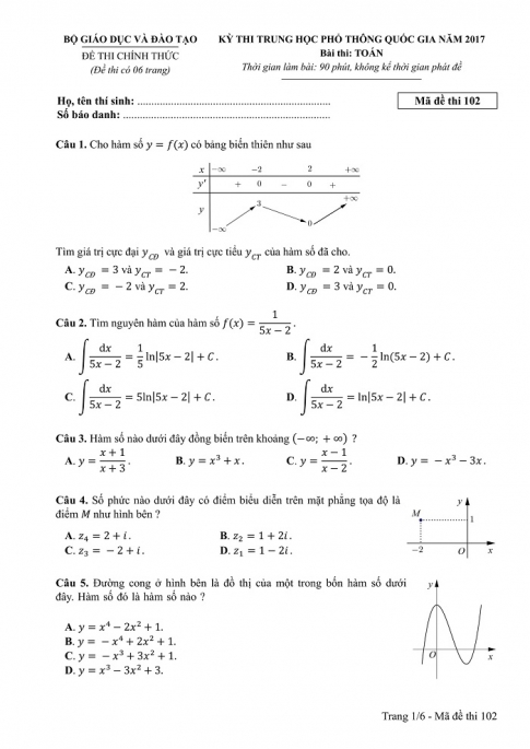 Đề và đáp án môn Toán mã đề 102 thi THPT quốc gia năm 2017 - đáp án của bộ GD-ĐT
