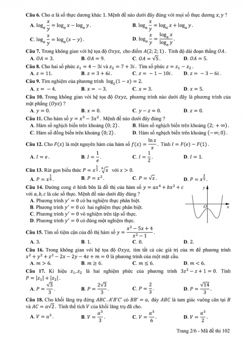 Đề và đáp án môn Toán mã đề 102 thi THPT quốc gia năm 2017 - đáp án của bộ GD-ĐT