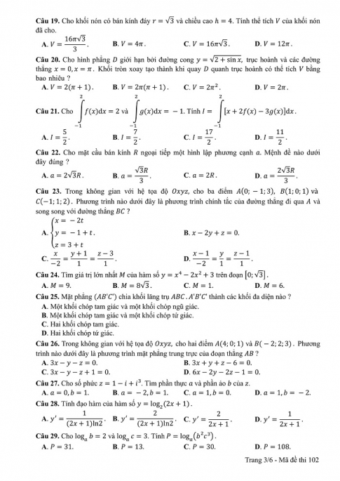 Đề và đáp án môn Toán mã đề 102 thi THPT quốc gia năm 2017 - đáp án của bộ GD-ĐT