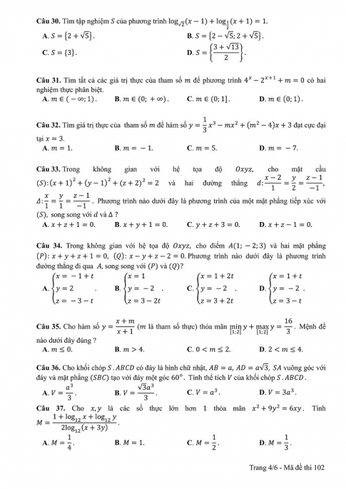 Đề và đáp án môn Toán mã đề 102 thi THPT quốc gia năm 2017 - đáp án của bộ GD-ĐT