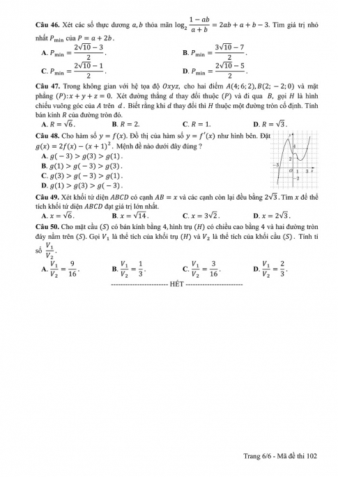 Đề và đáp án môn Toán mã đề 102 thi THPT quốc gia năm 2017 - đáp án của bộ GD-ĐT
