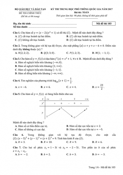 Đề và đáp án môn Toán mã đề 103 thi THPT quốc gia năm 2017 - đáp án của bộ GD-ĐT