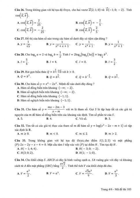 Đề và đáp án môn Toán mã đề 103 thi THPT quốc gia năm 2017 - đáp án của bộ GD-ĐT