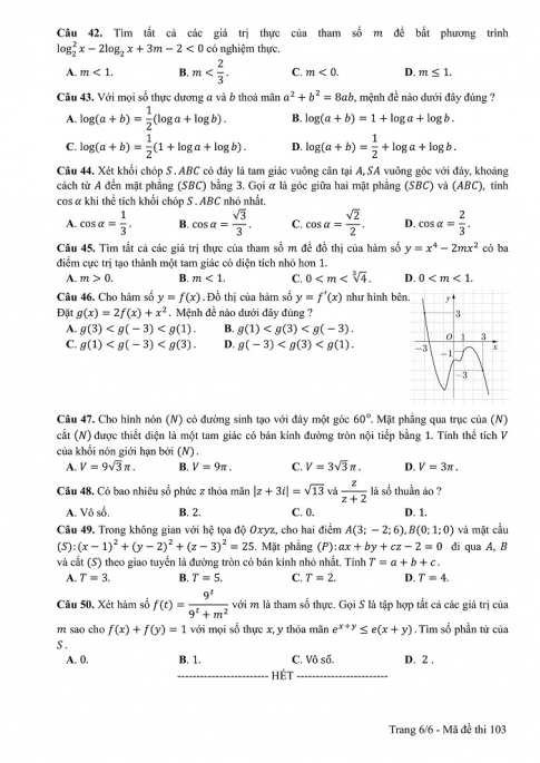Đề và đáp án môn Toán mã đề 103 thi THPT quốc gia năm 2017 - đáp án của bộ GD-ĐT
