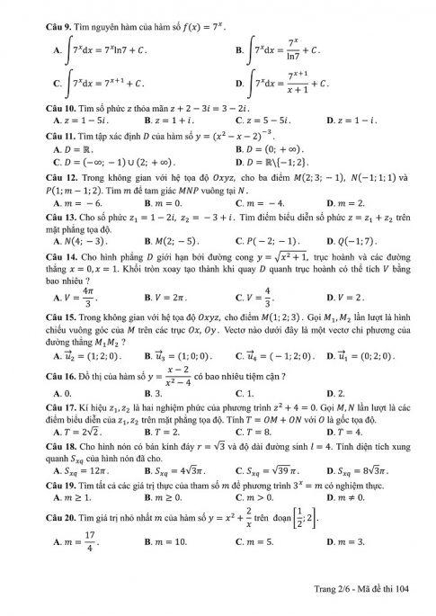 Đề và đáp án môn Toán mã đề 104 thi THPT quốc gia năm 2017 - đáp án của bộ GD-ĐT