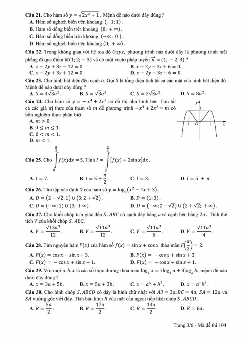 Đề và đáp án môn Toán mã đề 104 thi THPT quốc gia năm 2017 - đáp án của bộ GD-ĐT