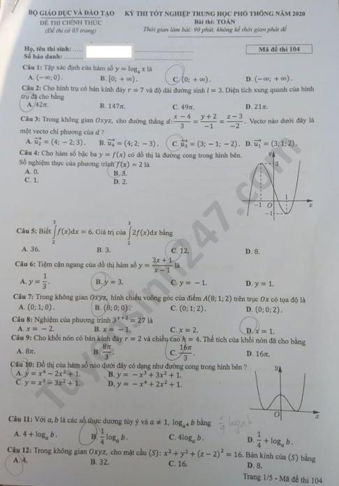 Thi THPTQG 2020: Đề thi và đáp án môn Toán mã đề 104