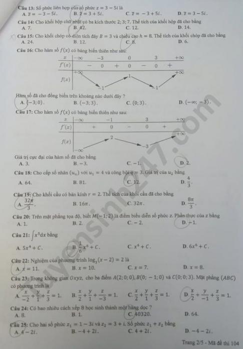Thi THPTQG 2020: Đề thi và đáp án môn Toán mã đề 104