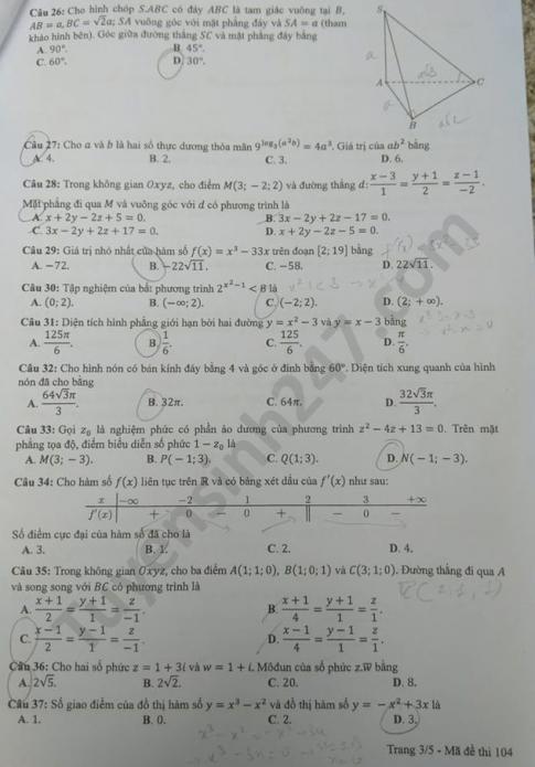 Thi THPTQG 2020: Đề thi và đáp án môn Toán mã đề 104