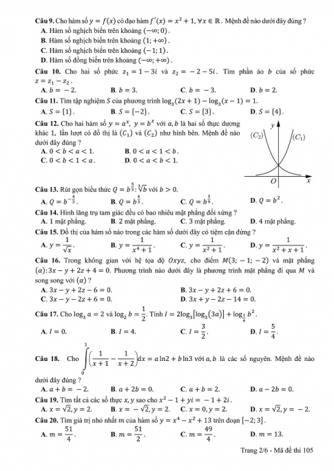 Đề và đáp án môn Toán mã đề 105 thi THPT quốc gia năm 2017 - đáp án của bộ GD-ĐT