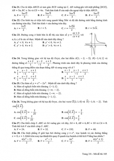 Đề và đáp án môn Toán mã đề 105 thi THPT quốc gia năm 2017 - đáp án của bộ GD-ĐT