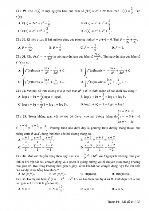 Đề và đáp án môn Toán mã đề 105 thi THPT quốc gia năm 2017 - đáp án của bộ GD-ĐT