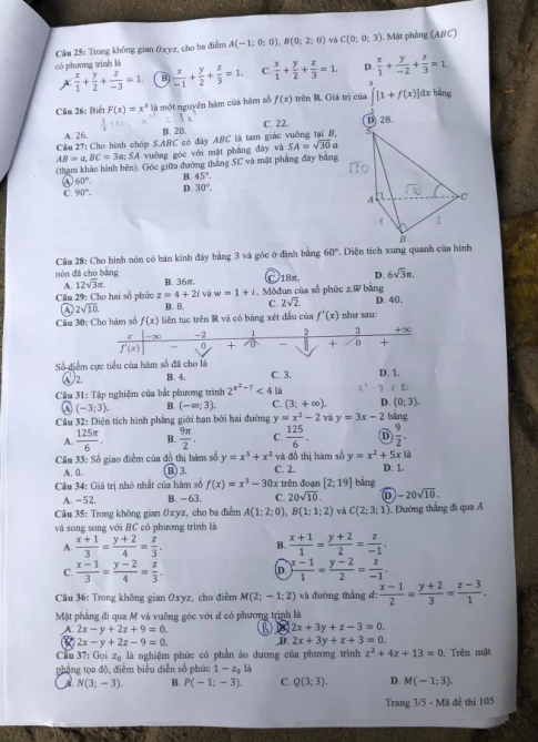 Thi THPTQG 2020: Đề thi và đáp án môn Toán mã đề 105