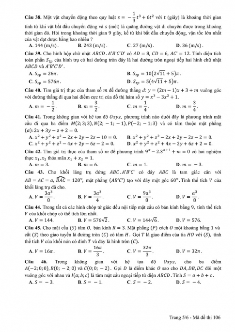 Đề và đáp án môn Toán mã đề 106 thi THPT quốc gia năm 2017 - đáp án của bộ GD-ĐT