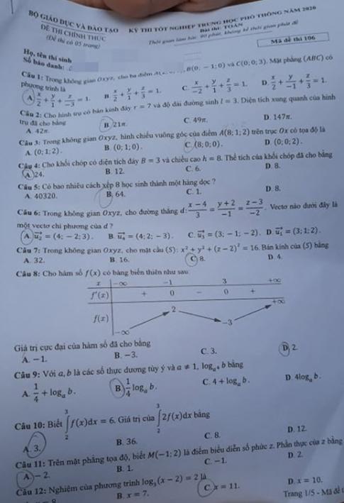 Thi THPTQG 2020: Đề thi và đáp án môn Toán mã đề 106