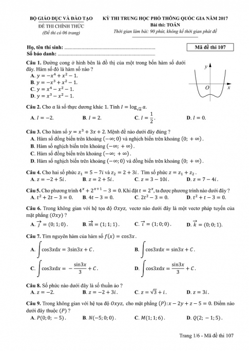 Đề và đáp án môn Toán mã đề 107 thi THPT quốc gia năm 2017 - đáp án của bộ GD-ĐT