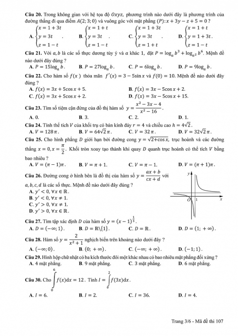 Đề và đáp án môn Toán mã đề 107 thi THPT quốc gia năm 2017 - đáp án của bộ GD-ĐT