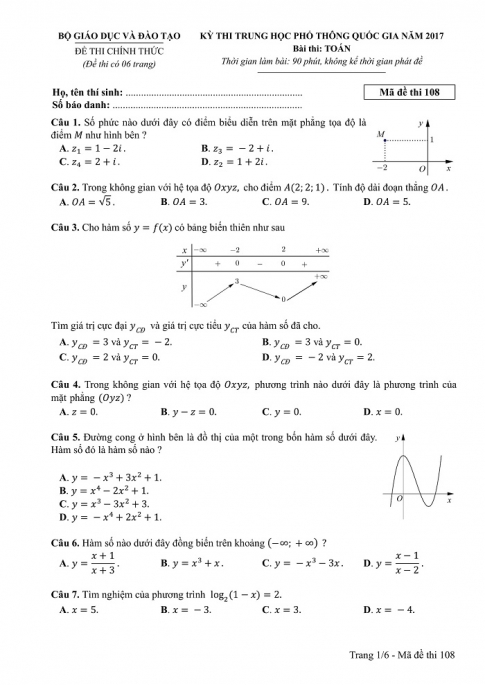 Đề và đáp án môn Toán mã đề 108 thi THPT quốc gia năm 2017 - đáp án của bộ GD-ĐT