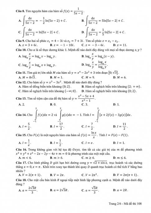 Đề và đáp án môn Toán mã đề 108 thi THPT quốc gia năm 2017 - đáp án của bộ GD-ĐT