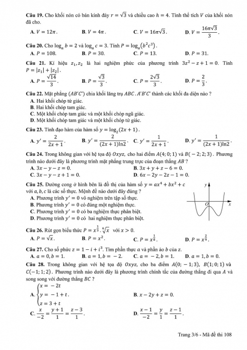 Đề và đáp án môn Toán mã đề 108 thi THPT quốc gia năm 2017 - đáp án của bộ GD-ĐT