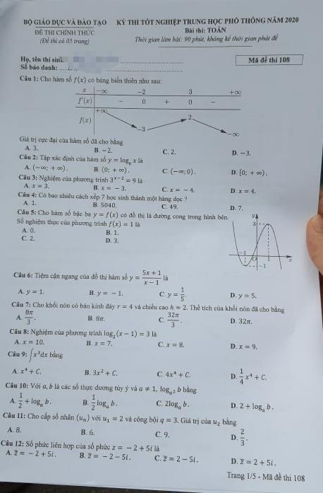 Thi THPTQG 2020: Đề thi và đáp án môn Toán mã đề 108