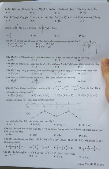 Thi THPTQG 2020: Đề thi và đáp án môn Toán mã đề 108