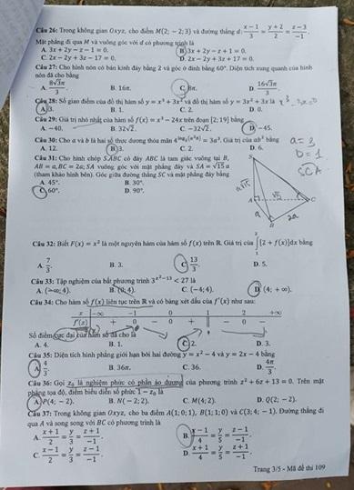 Thi THPTQG 2020: Đề thi và đáp án môn Toán mã đề 109