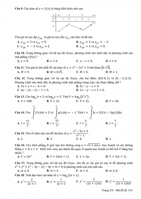 Đề và đáp án môn Toán mã đề 110 thi THPT quốc gia năm 2017 - đáp án của bộ GD-ĐT
