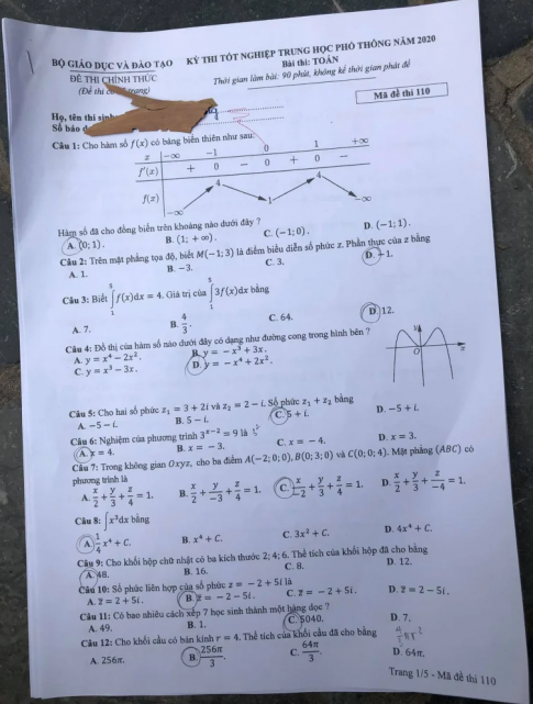 Thi THPTQG 2020: Đề thi và đáp án môn Toán mã đề 110