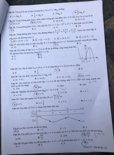 Thi THPTQG 2020: Đề thi và đáp án môn Toán mã đề 110