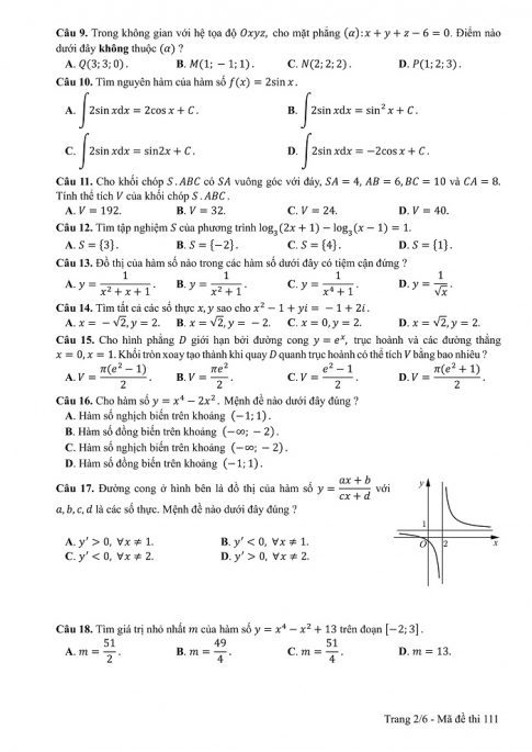 Đề và đáp án môn Toán mã đề 111 thi THPT quốc gia năm 2017 - đáp án của bộ GD-ĐT