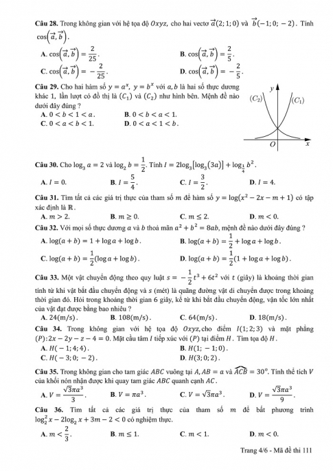 Đề và đáp án môn Toán mã đề 111 thi THPT quốc gia năm 2017 - đáp án của bộ GD-ĐT