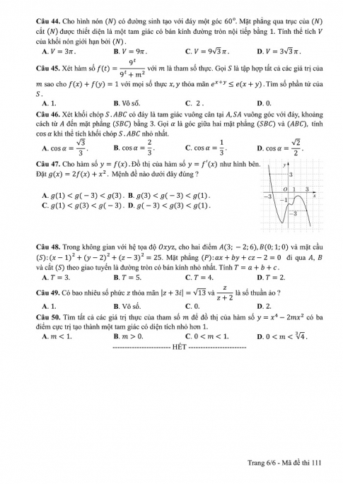 Đề và đáp án môn Toán mã đề 111 thi THPT quốc gia năm 2017 - đáp án của bộ GD-ĐT