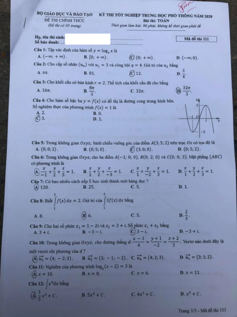 Thi THPTQG 2020: Đề thi và đáp án môn Toán mã đề 111